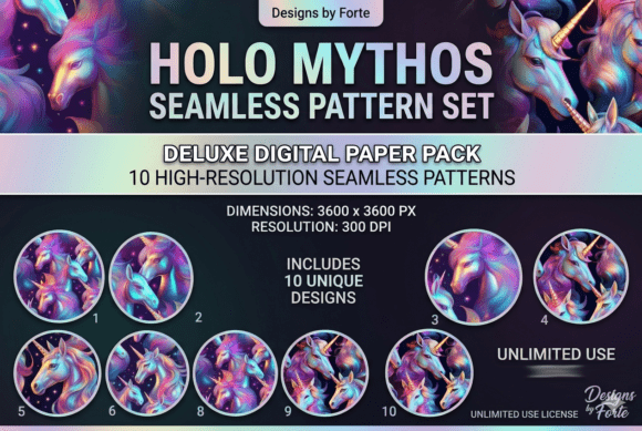 Download 10 Holographic Unicorn Seamless Patterns - Graphic Collection